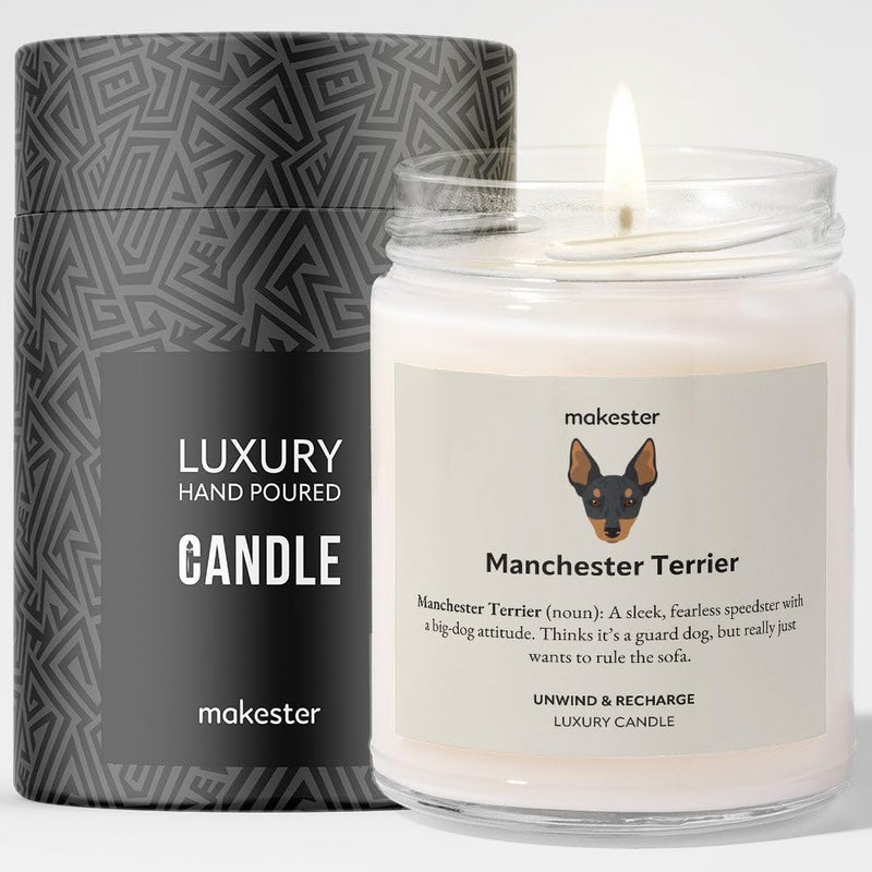 Manchester Terrier Gifts - Luxury Soy Wax Candle - Vanilla, Jasmine, Sugared Almond - Makester